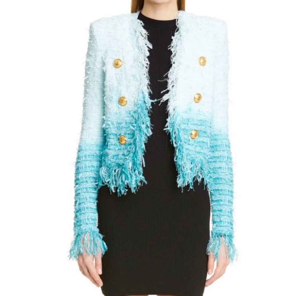 Balmain Fringe Dip Dye Tweed Jacket In Blue - Picture 2 of 9